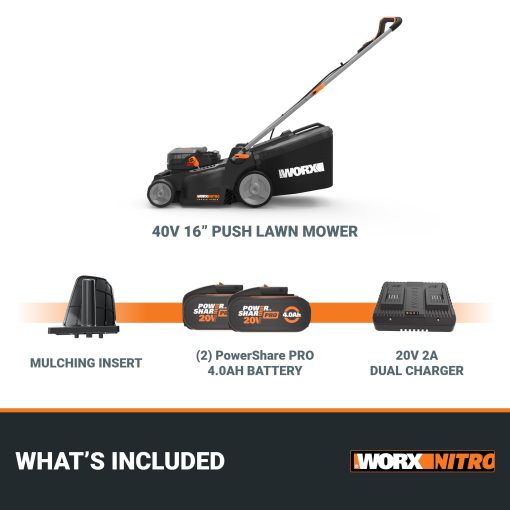 WORX Nitro 40V 16" Cordless Lawn Mower w/Brushless Motor 2.0 & Intellicut, 2-in-1 Electric Mower w/Mulch Blade, Lightweight Push Lawn Mower for 1/4 Acre WG737 – Batteries & Charger Included - Image 2