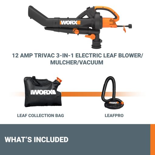 WORX Trivac 3-in-1 Electric Leaf Blower for Lawn Care, Leaf Mulcher/Leaf Vacuum with Bag, 350 CFM & 210 MPH, Leaf Shredder with Metal Impeller, Reusable Bag Included, Corded, WG505.2 - Image 2