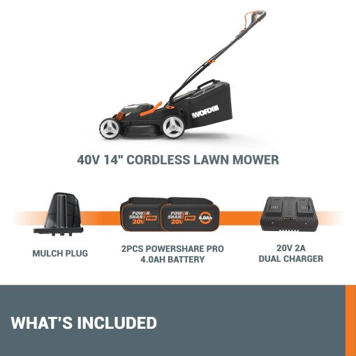 WORX 40V 14" Cordless Lawn Mower for Small Yards, 2-in-1 Electric Mower Cuts Quietly, Compact & Lightweight Push Lawn Mower with 6-Position Height Adjustment WG779 – 2 Batteries & Charger Included - Image 2