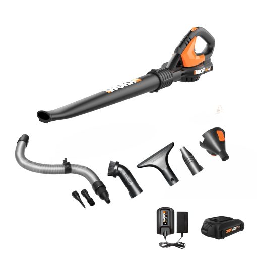 WORX WG545.1 20V Cordless Leaf Blower, Electric Blowers for Lawn Care with 120 MPH & 3.5 Lbs, Long Nozzle Design for Narrow Spaces with Cleaning Attachments, Battery & Charger Included