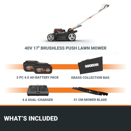 WORX 40V 17'' Cordless Lawn Mower for Medium Size Yards, 2-in-1 Electric Mower Cuts to Edge, Compact & Lightweight Push Lawn Mower with 6-Position Height Adjustment – 2 Batteries & Charger Included - Image 2