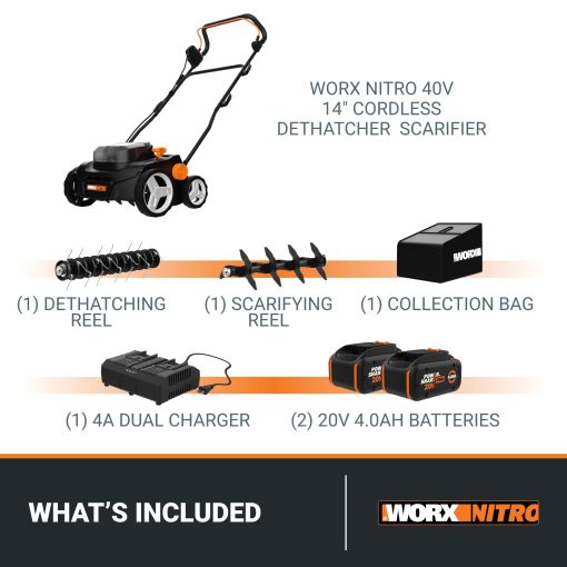 Worx Nitro 40V Cordless 14" Lawn Dethatcher w/ Brushless Motor, 2-in-1 Dethatcher and Scarifier Removes Deep Thatch, Dethatcher Cordless Tool to Improve Grass Health - 2 Batteries & Charger Included - Image 5
