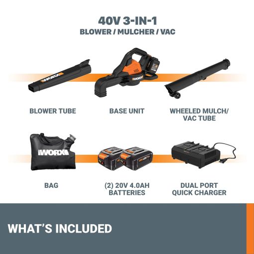 WORX WG583 40V Cordless Leaf Blower, 3 in 1 Blowers for Lawn Care with Vacuum & Mulcher, Electric Blower with Brushless Motor & 2 Speed Control, 2 Batteries & Charger Included - Image 2